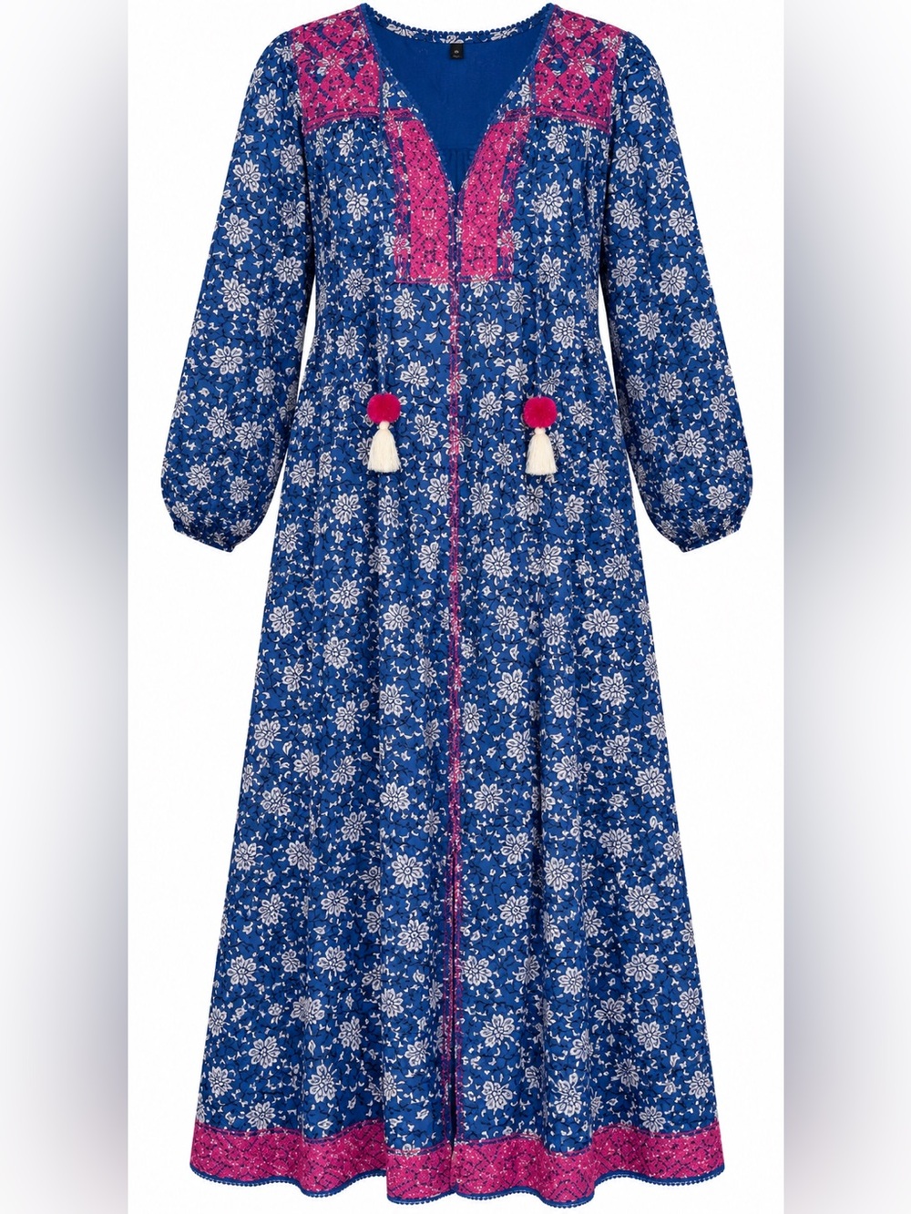 J.Crew Re-Imagined XL Blue Floral Embroidered Cotton Maxi Dress Tassels